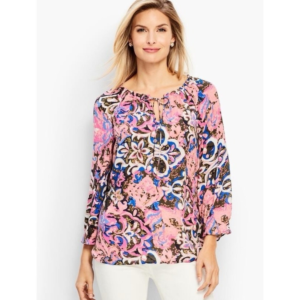 Talbots Floral Paisley Top Peasant Tropical Blouse Flowy Popover Puff Sleeve XS